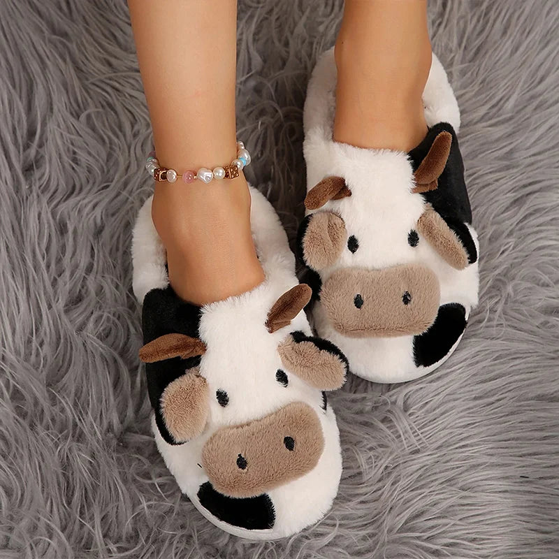 Cute Cow Fur Warm Cotton Slides