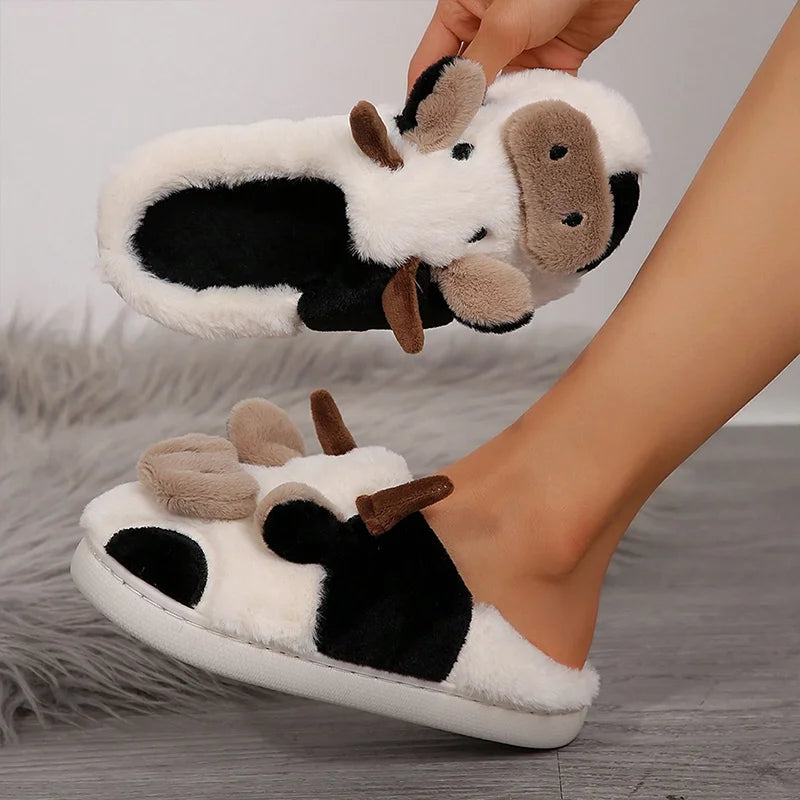 Cute Cow Fur Warm Cotton Slides